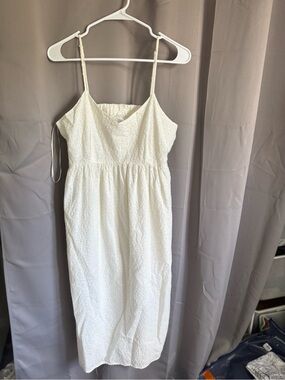 White Spaghetti Strap Midi Dress with Gathered Waist